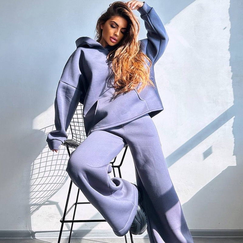 Damen Scuba-Fleece Lounge-Set mit Oversize-Kapuzenpullover und weiter Flare-Hose – Auréline