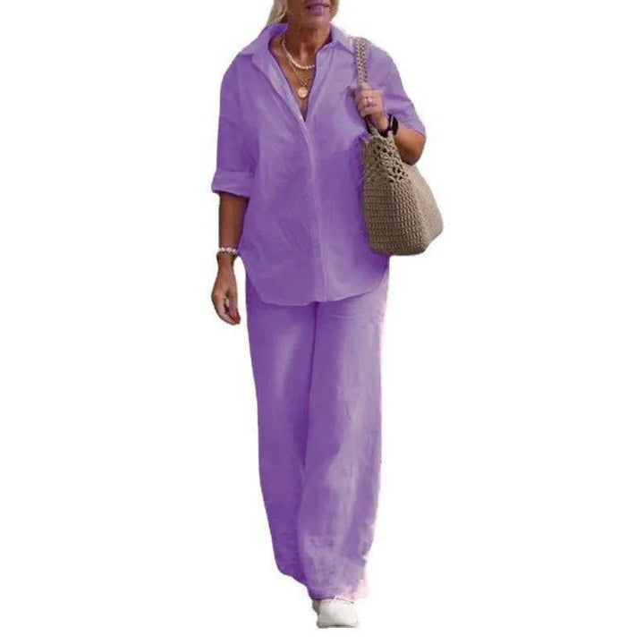 Damen Leichtes Leinen-Loungewear-Set mit offenem Hemdkragen und weiter Palazzohose Echoarchiv