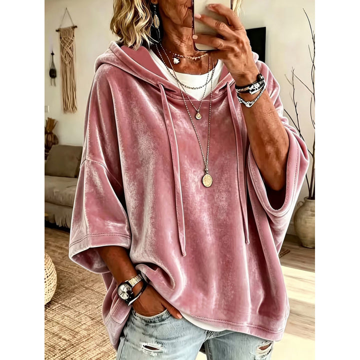 Damen Luxuriöser Samt-Hoodie mit Kimono-Kurzärmeln und Tunnelzug Echoarchiv