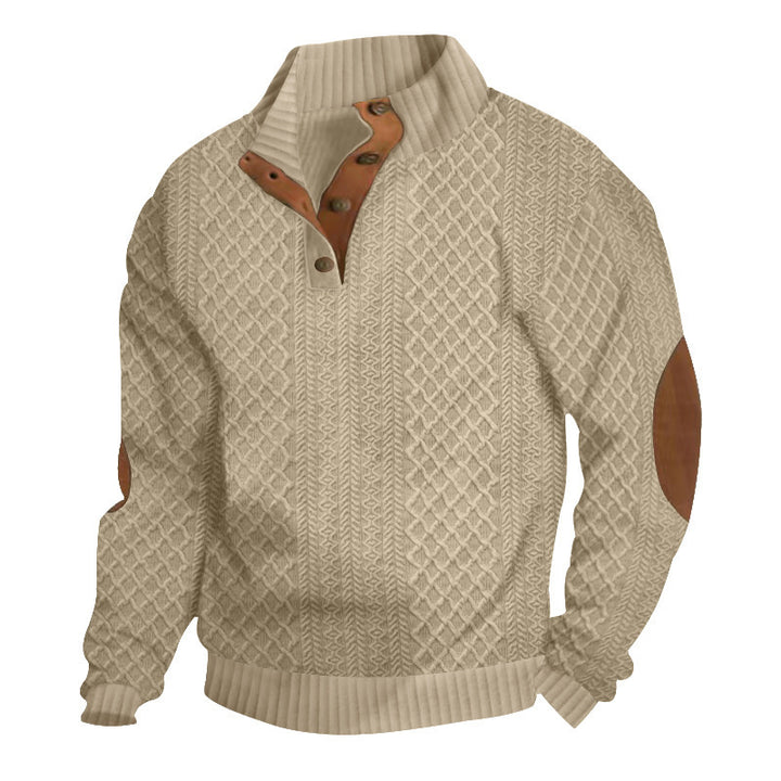 Herren nan grobstrickpullover mit Stehkragen, Knopfleiste und Ellbogenpatches Echo Archiv