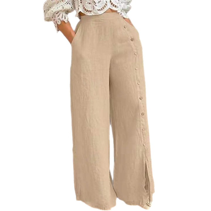 Damen nan hochgeschnittene Leinenhose mit seitlicher Zierknopfleiste, Eingrifftaschen und weitem Beinschnitt Echo Archiv