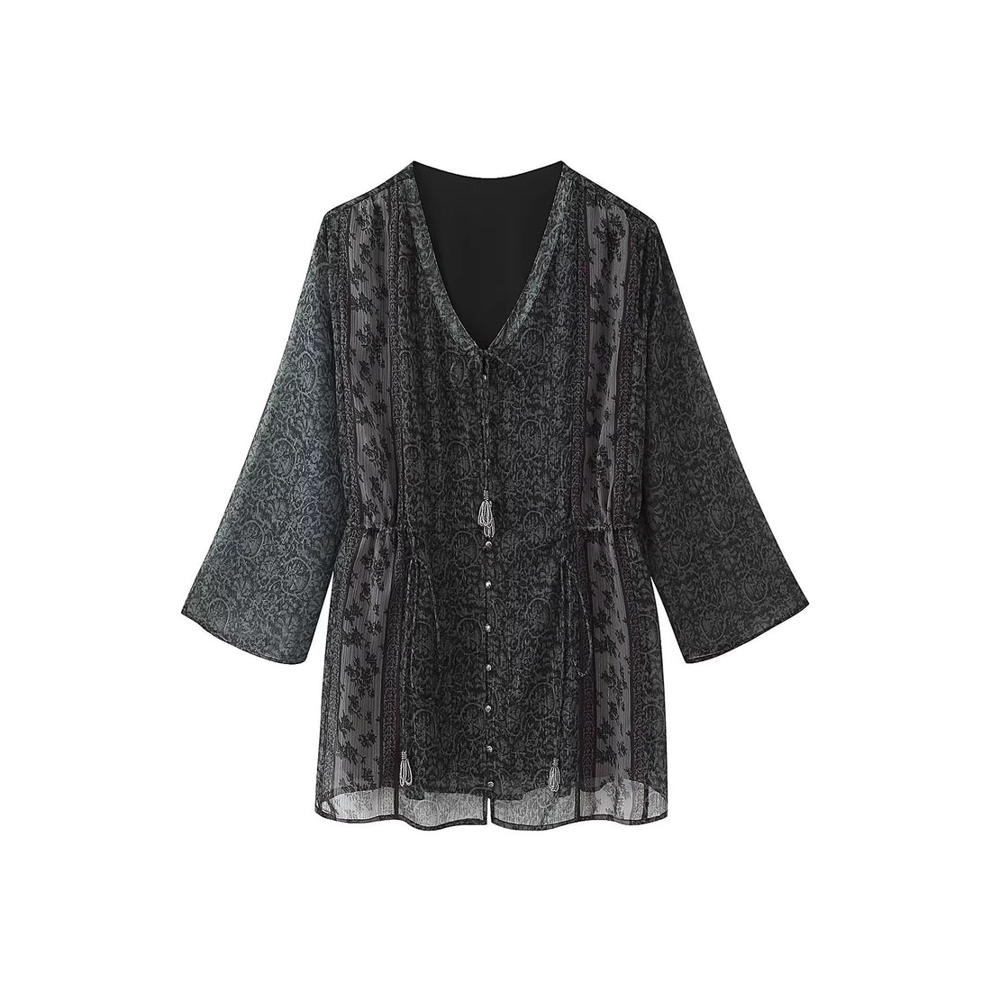 Damen Transparentes Boho-Tunika-Kleid mit V-Ausschnitt, Kordelzug und Quasten Echoarchiv