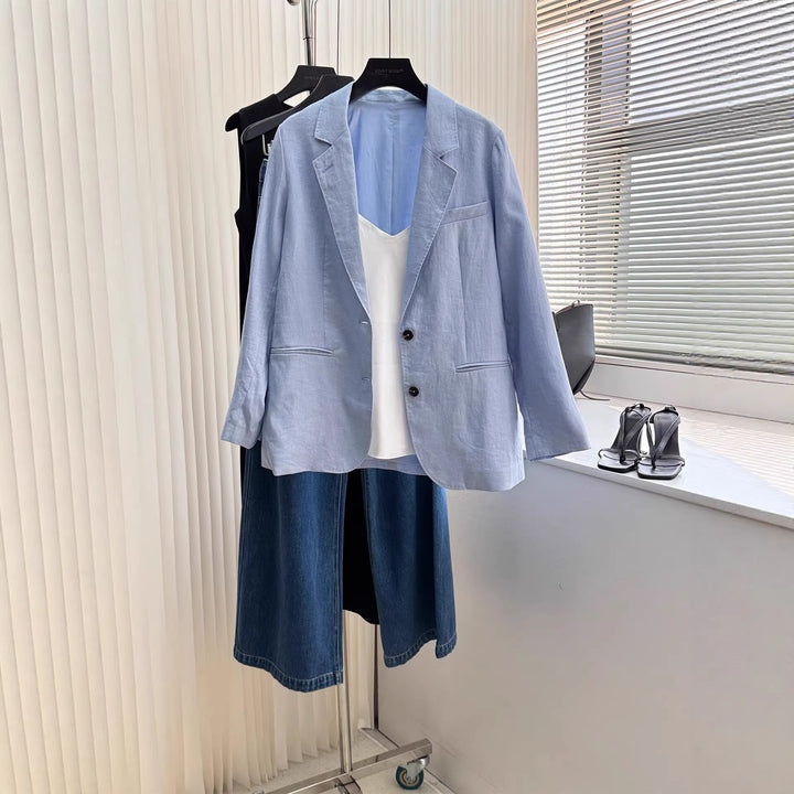 Damen Modischer Leinenblazer mit zwei Taschen Echoarchiv
