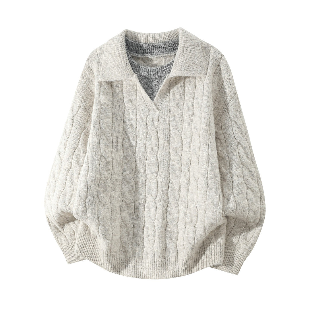 Damen Oversize Zopfmuster-Pullover mit offenem Polokragen & Layer‑Look Echoarchiv