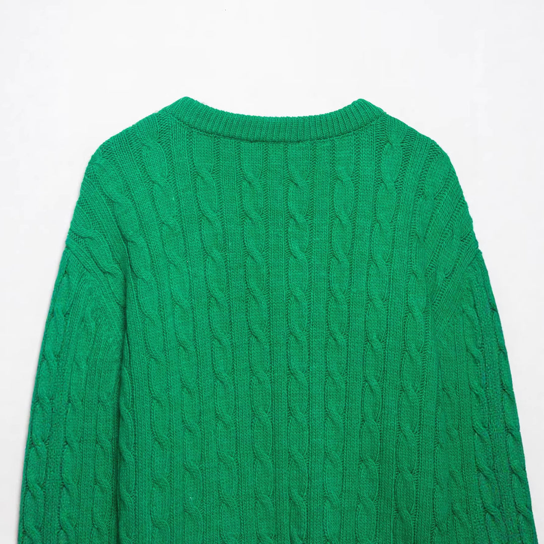 Damen Grobgestrickter V‑Ausschnitt Zopfstrickpullover mit Rippbündchen Echoarchiv
