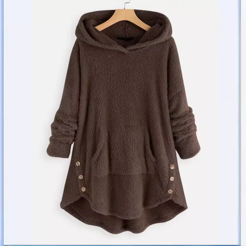 Damen nan kuscheliger Teddy-Kapuzenpullover mit Kängurutasche, Knopfleiste an den Seiten und abgerundetem Saum Echo Archiv