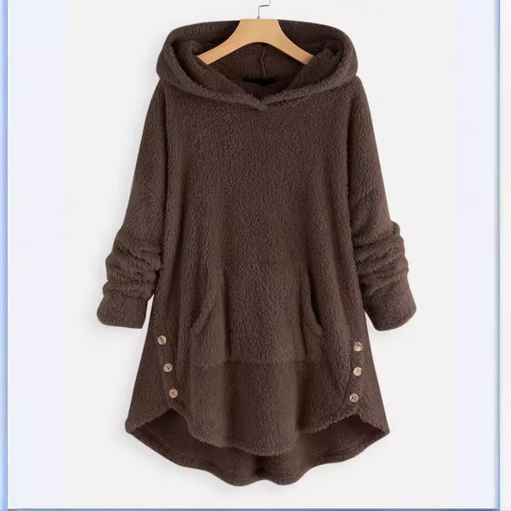 Damen nan kuscheliger Teddy-Kapuzenpullover mit Kängurutasche, Knopfleiste an den Seiten und abgerundetem Saum Echo Archiv