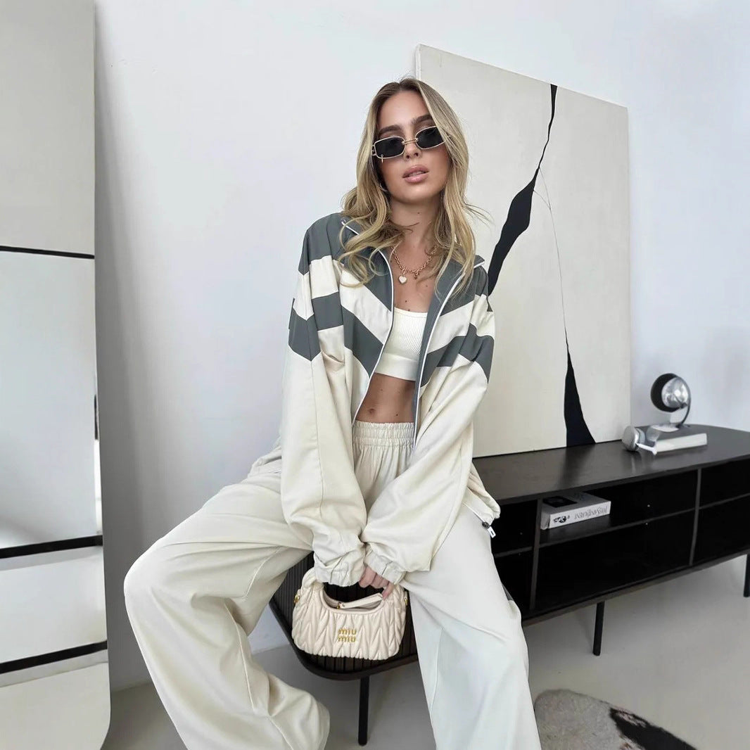 Damen Oversized Windbreaker-Set mit Reißverschlussjacke und elastischer Bundhose – Avérine