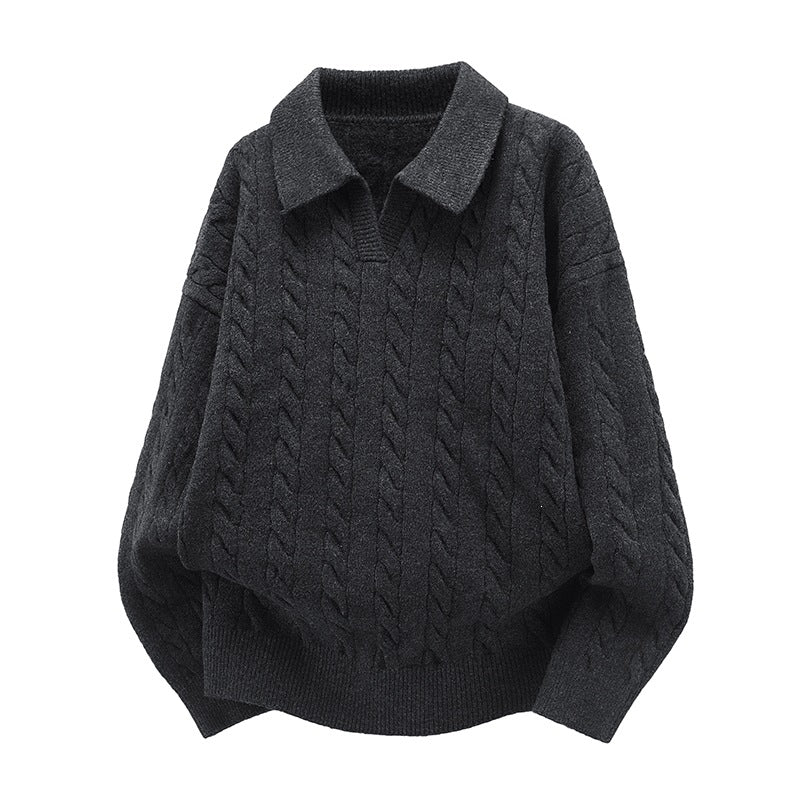 Damen Oversize Kabelstrick-Polo-Pullover mit V‑Ausschnitt und geripptem Saum Echoarchiv