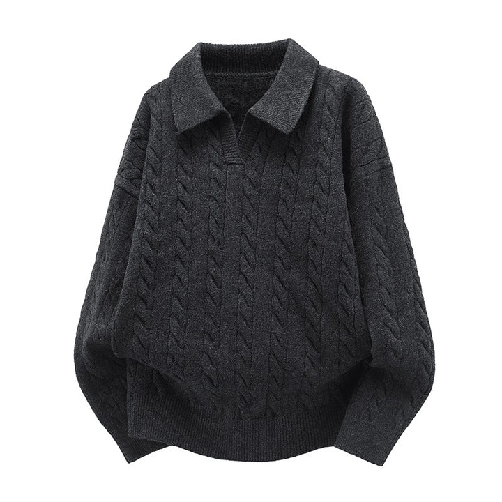 Damen Oversize Kabelstrick-Polo-Pullover mit V‑Ausschnitt und geripptem Saum Echoarchiv
