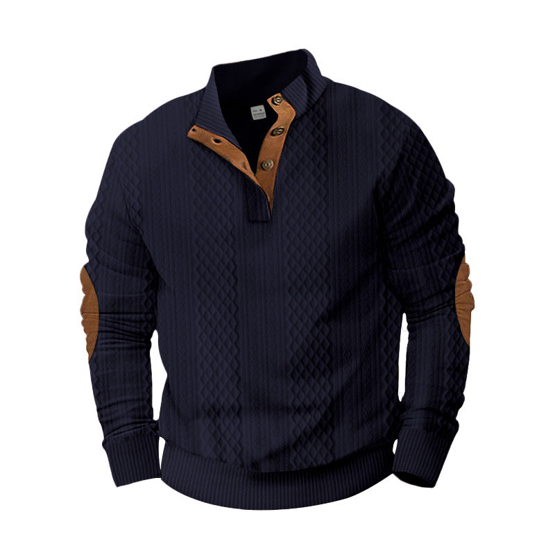 Herren Strickpullover mit innovativem Stehkragen und modernen Lederapplikationen Echoarchiv