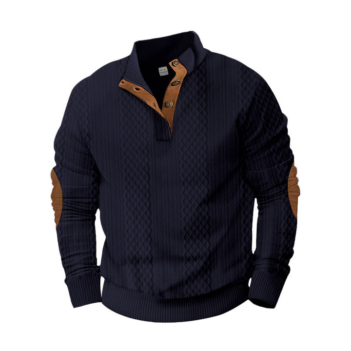 Herren Strickpullover mit innovativem Stehkragen und modernen Lederapplikationen Echoarchiv