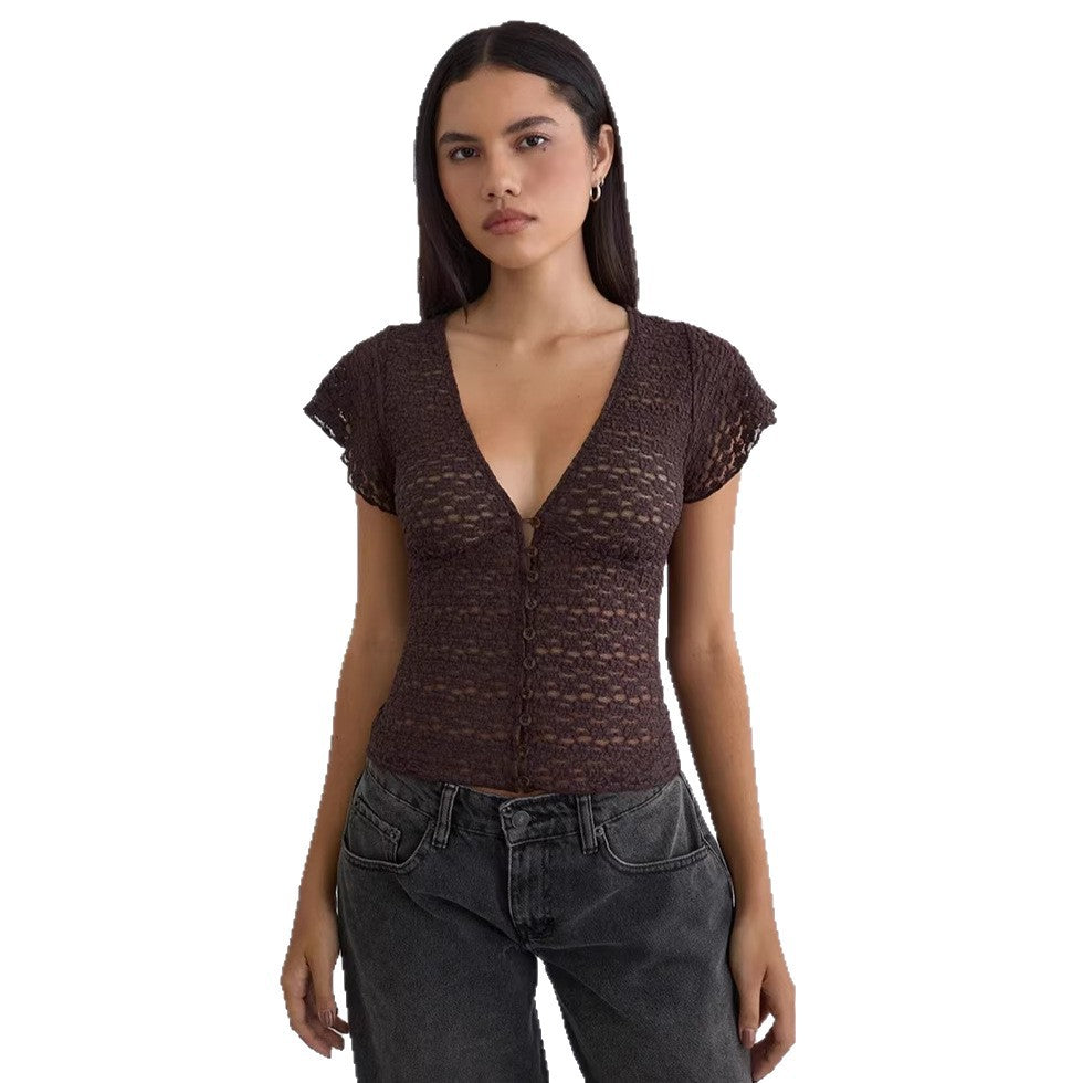 Damen Verspieltes Spitzenoberteil mit fließendem Design und kurzen Puffärmeln Echo Archiv