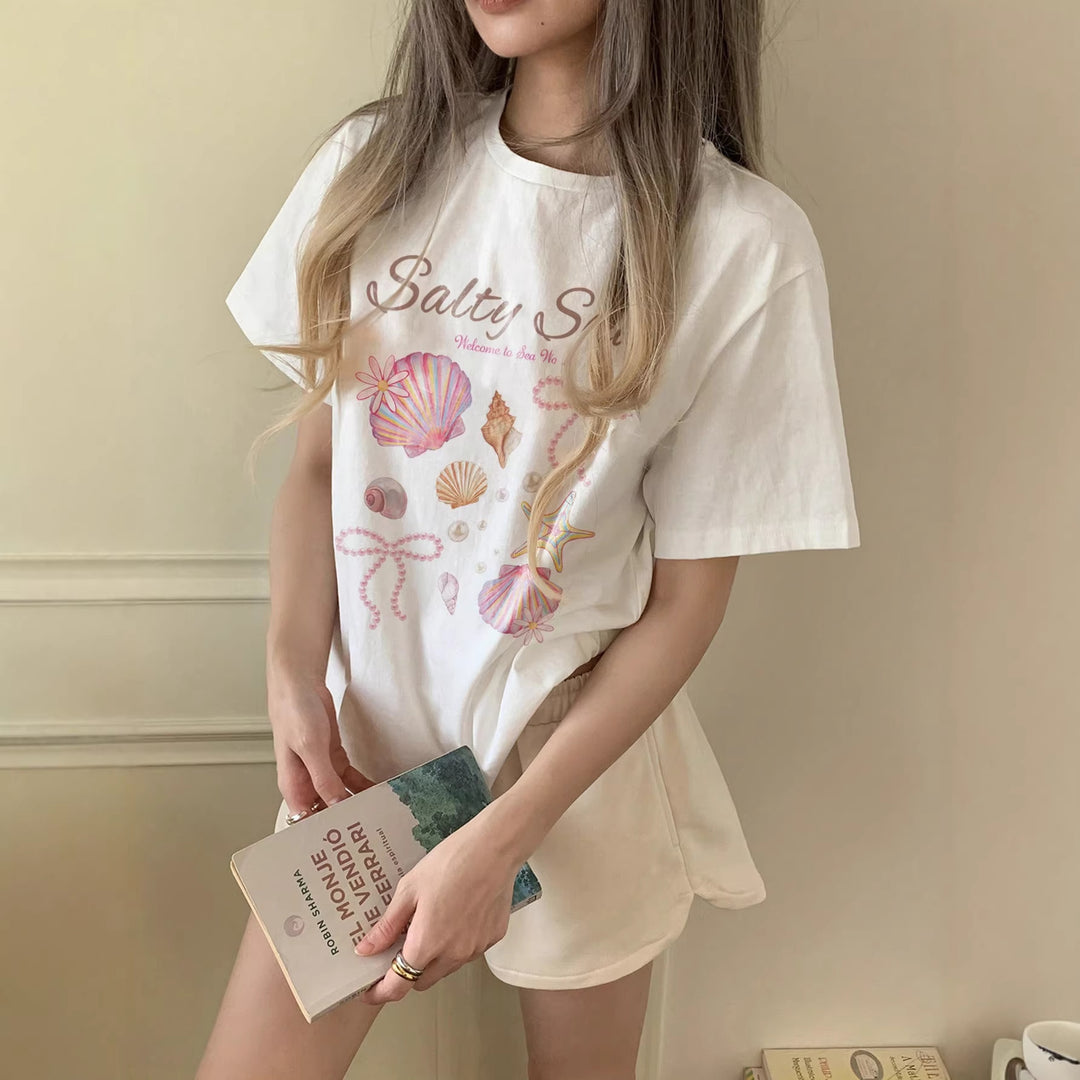 Damen Grafik T-Shirt mit maritimem Muschelmotiv und legerem Schnitt Echo Archiv