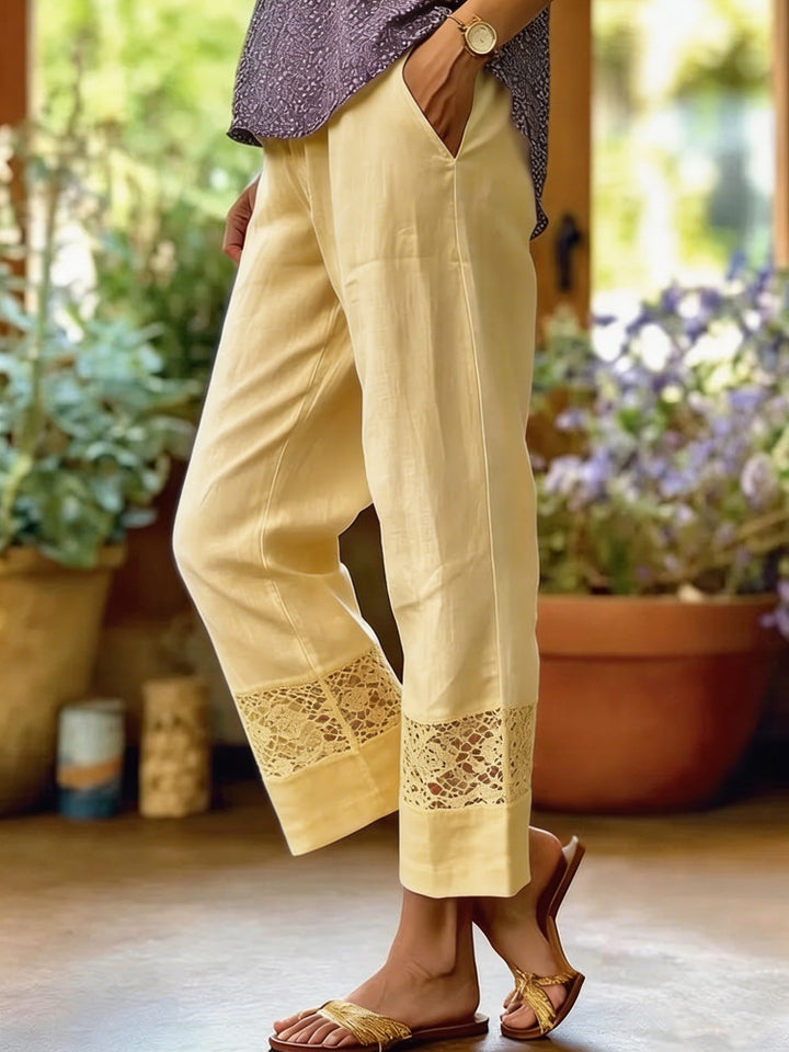 Damen Leinenoptik Culotte-Hose mit Spitzeinsatz am Saum und seitlichen Eingrifftaschen – Avélisse