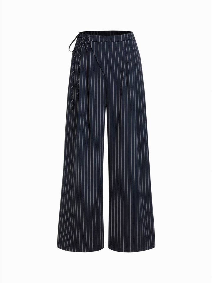 Damen Weite Nadelstreifen-Hose mit Wickel-Taille – Avélisse