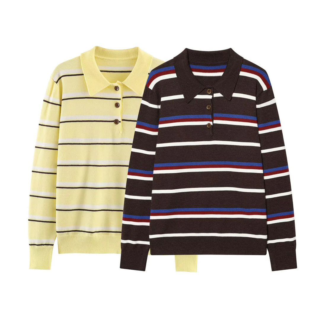 Damen gestreifter Poloshirt-Pullover mit Troyerkragen und dezenter Knopfleiste – Mavelle