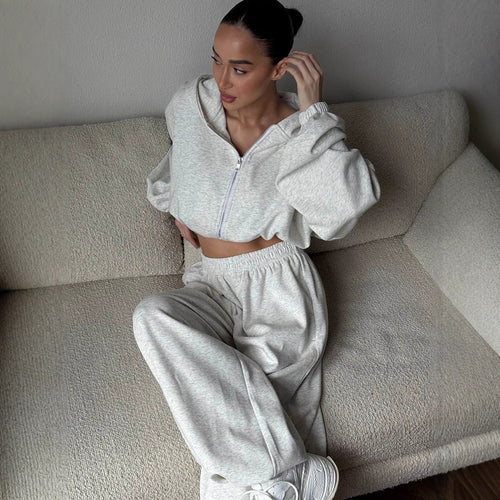 Damen cropped Kapuzen-Zipjacke mit Ballonärmeln und hochgeschnittener weiter Sweatpants-Set – Auréline
