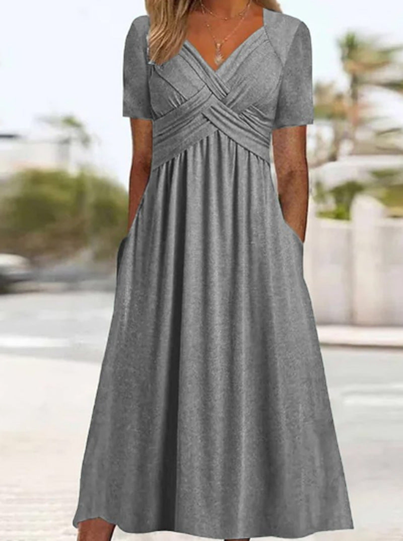 Damen nan Maxikleid kurzarm mit überkreuztem Oberteil und Eingrifftaschen Echo Archiv