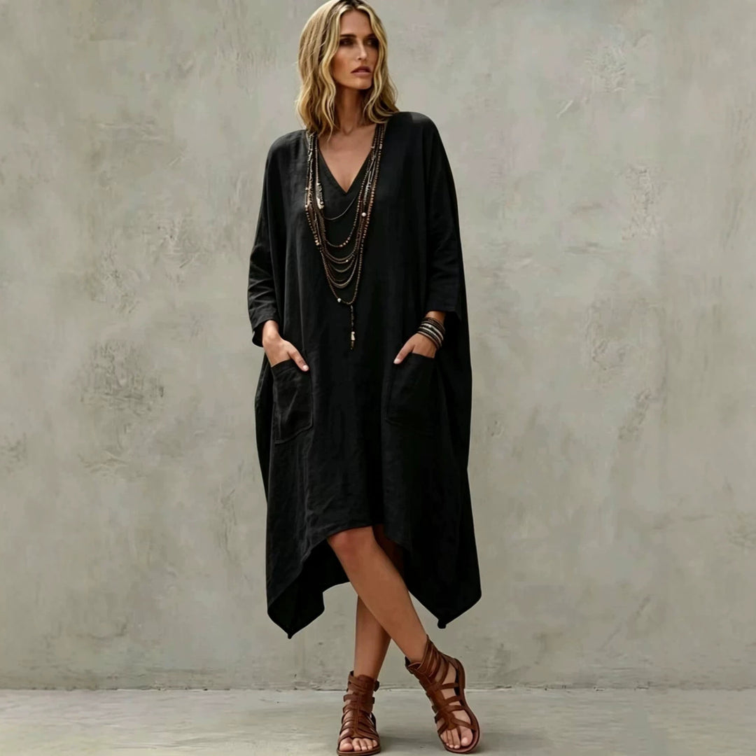 Damen nan Oversize Kaftankleid mit V-Ausschnitt, Eingrifftaschen und asymmetrischem Saum Echo Archiv