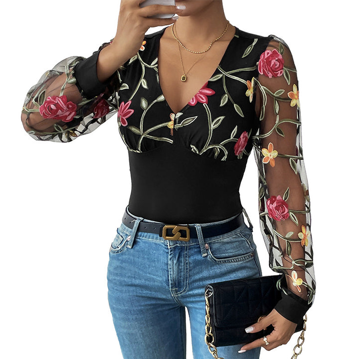 Damen Bestickter Mesh-Body mit V-Ausschnitt, figurformendem Rumpf und transparenten Blumenärmeln – Bodéline