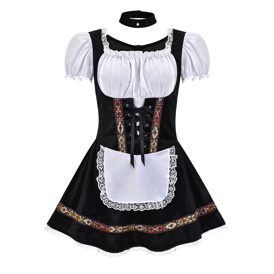 Damen kurzes Trachtenkleid mit Carmen-Ausschnitt, geschnürtem Mieder und bestickter Schürze – Élara