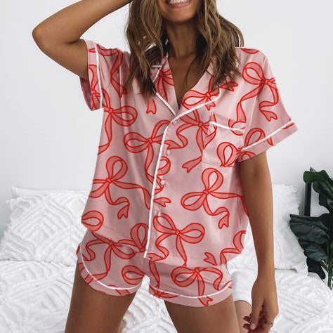 Damen Kurzarm-Pyjama-Set mit verspieltem Schleifenmuster Echoarchiv