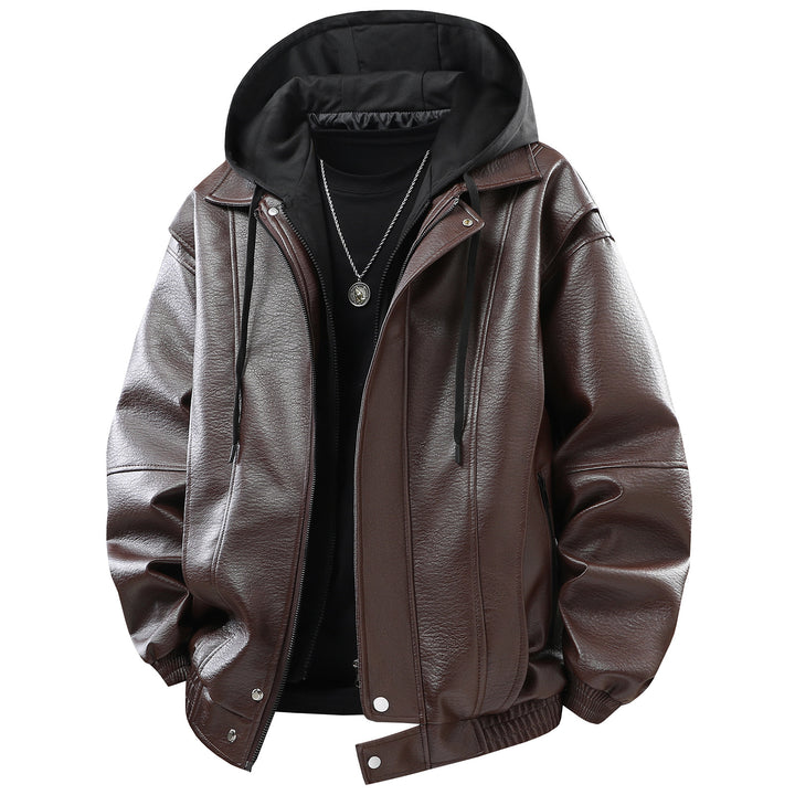 Herren Kunstlederjacke mit abnehmbarer Kapuze und funktionalen Taschen Echoarchiv