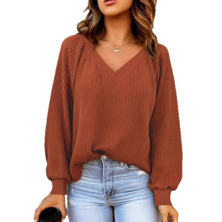 Damen Feinstruktur-Strickpullover mit V-Ausschnitt, Ballonärmeln und Rippbündchen – Mavelle