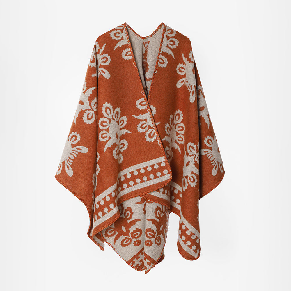 Damen Jacquard‑Überwurf im Cape‑Stil mit floraler Ornamentstruktur – Avérine