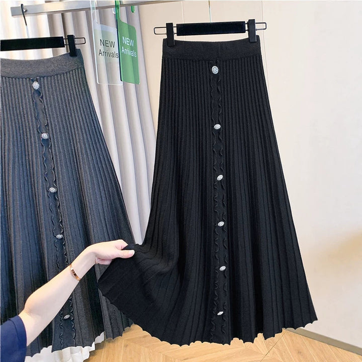 Damen Eleganter plissierter Maxirock mit Knopfdetails Echo Archiv