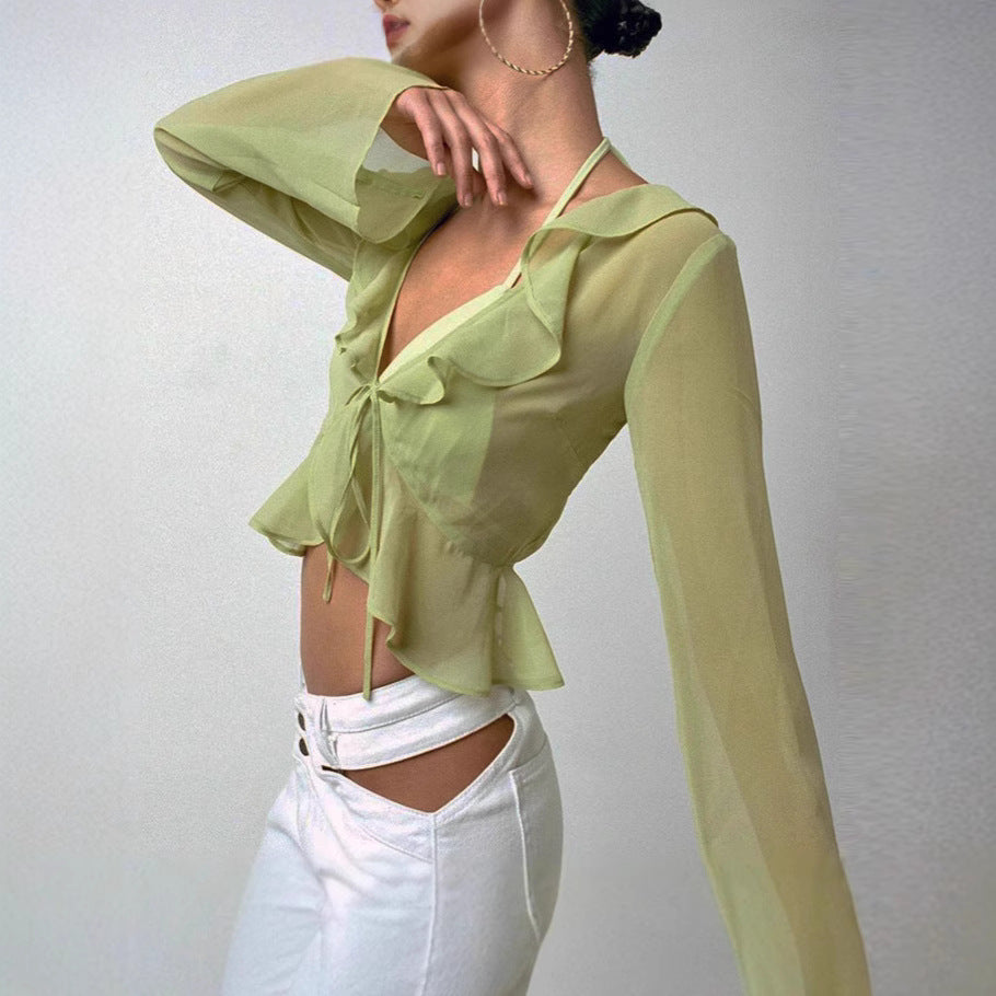 Damen Transparente Langarmbluse mit Rüschen und Bindegürtel Echo Archiv