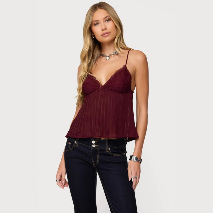 Damen Chiffon Top mit Spitzenakzenten und plissiertem Design Echo Archiv