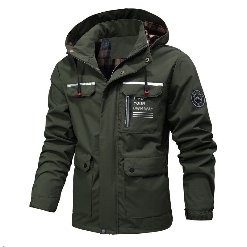 Herren Multitaschen-Softshell-Parka mit Kapuze und kariertem Innenfutter Echoarchiv