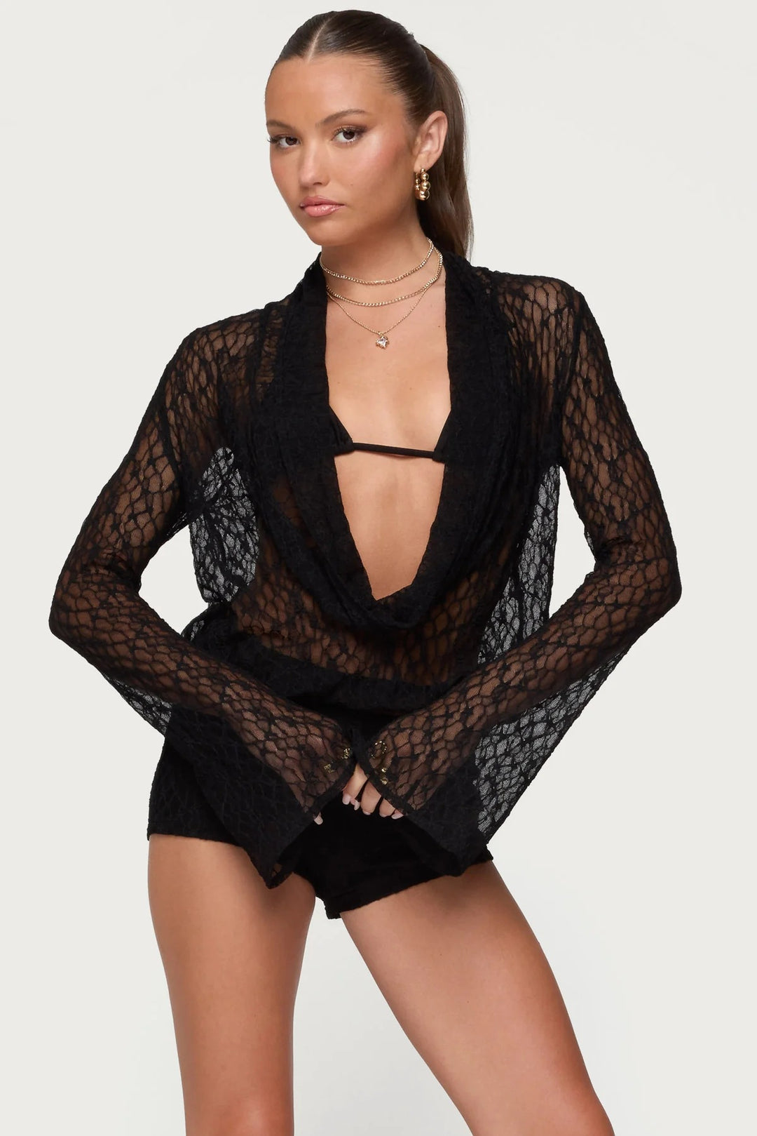 Damen Transparente Spitze Bluse mit tiefem V-Ausschnitt und weit ausgestellten Ärmeln Echo Archiv