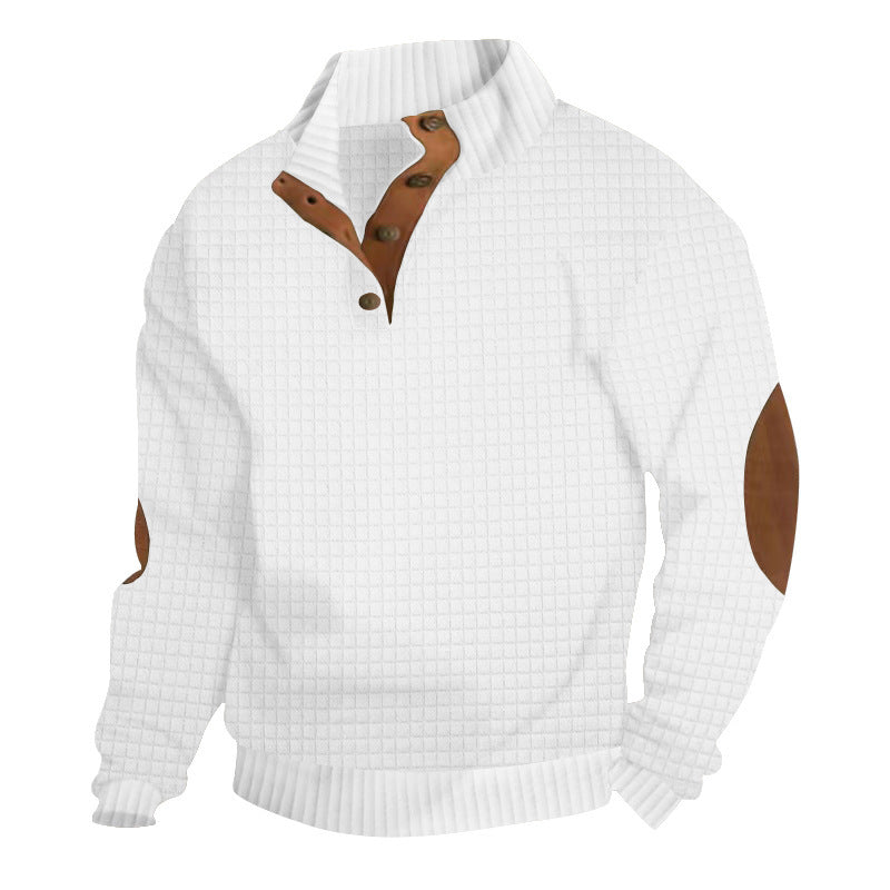 Herren Strukturiertes Waffelstrick-Henleypullover mit Lederbesatz & Ellbogenpatches – Marzano