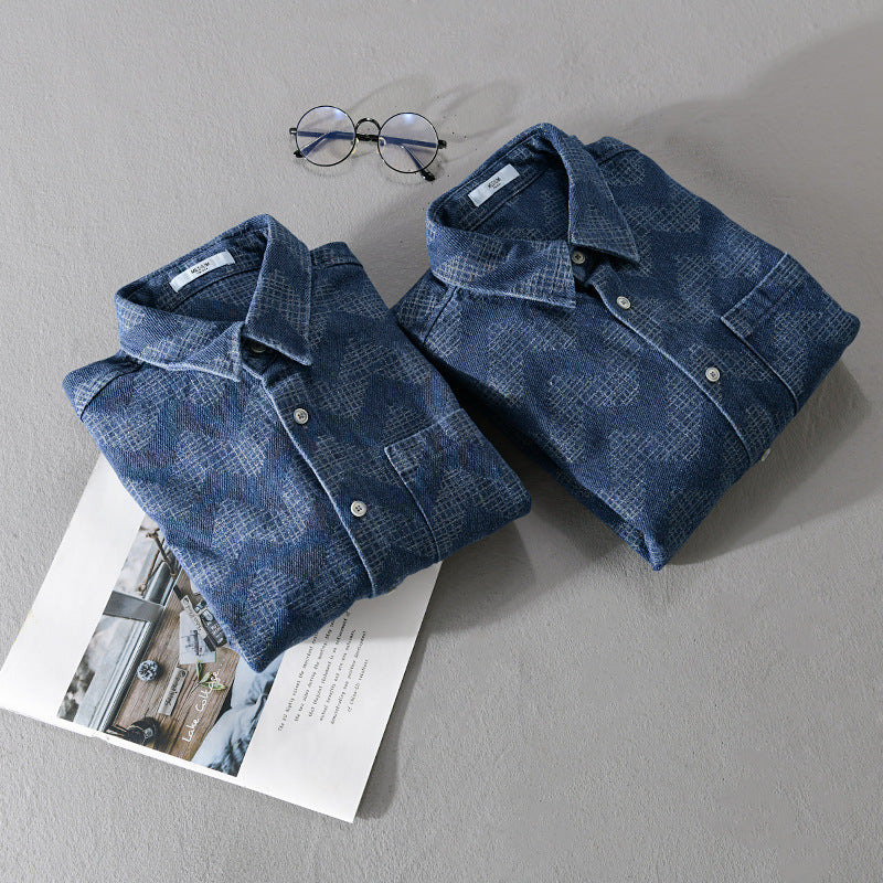 Herren Indigo-Struktur-Overshirt aus gewaschenem Denim mit Zickzack-Jacquard, Kentkragen und Brusttasche Echoarchiv