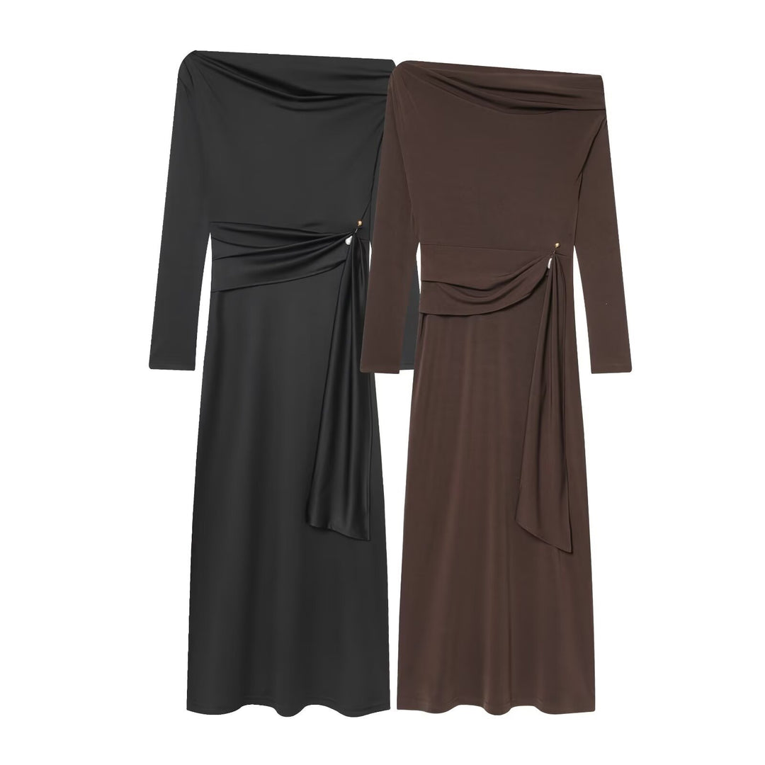 Damen elegantes Maxikleid mit asymmetrischem Ausschnitt und dekorativer Drapierung Echo Archiv