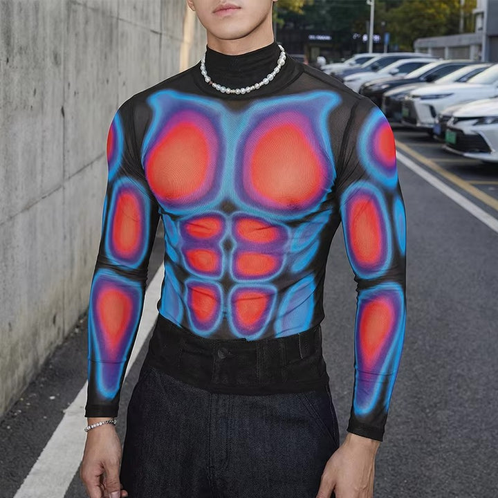 Herren Transparentes Mesh-Langarmshirt mit 3D-Muskeldruck Echoarchiv