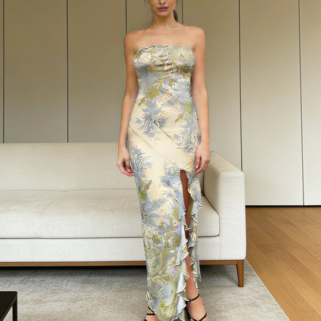 Damen Strapless Maxikleid mit Rüschen und floralem Muster Echo Archiv
