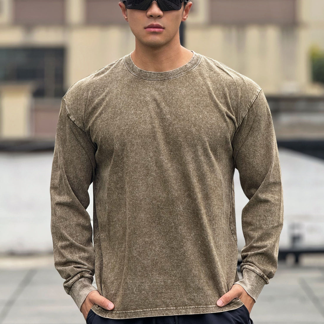 Herren Langarmshirt aus weichem Baumwollmix mit angesagtem Stone-Wash-Effekt – Marzano