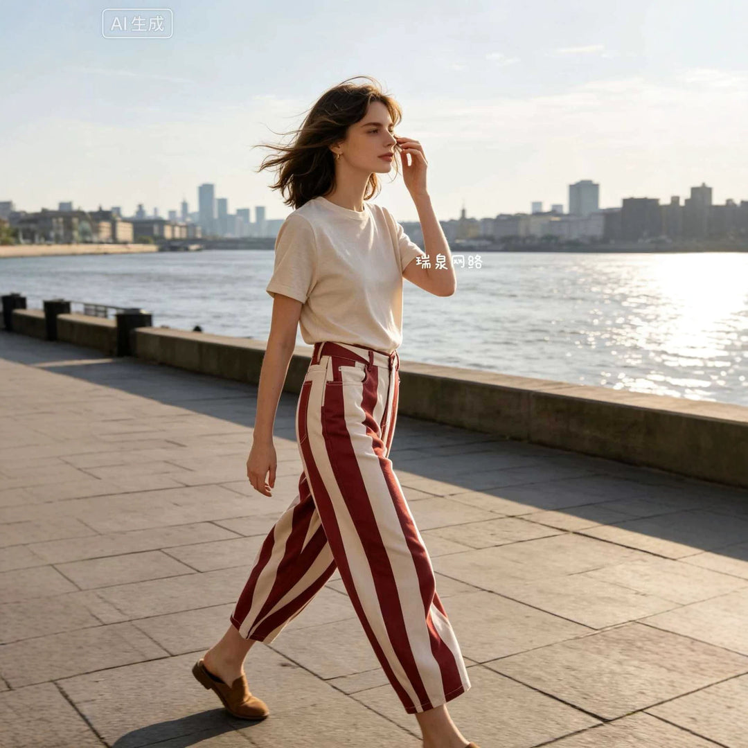 Damen Weite High‑Waist‑Hose mit maritimen Blockstreifen und tapered Bein Echoarchiv