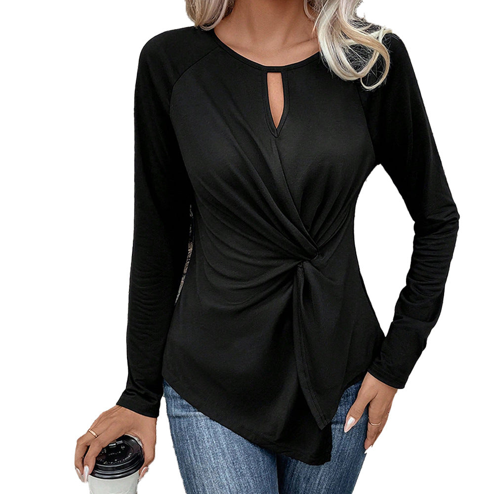Damen gerafftes Langarmshirt mit Knotendetail und asymmetrischem Saum – Avérine