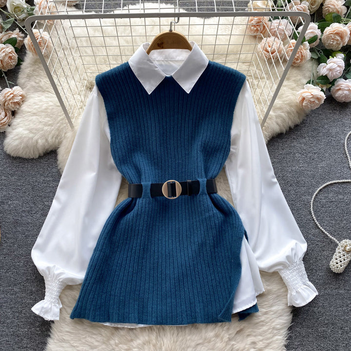 Damen Lagenlook-Bluse mit Rippstrick-Überwurf und Taillengürtel – Élovi