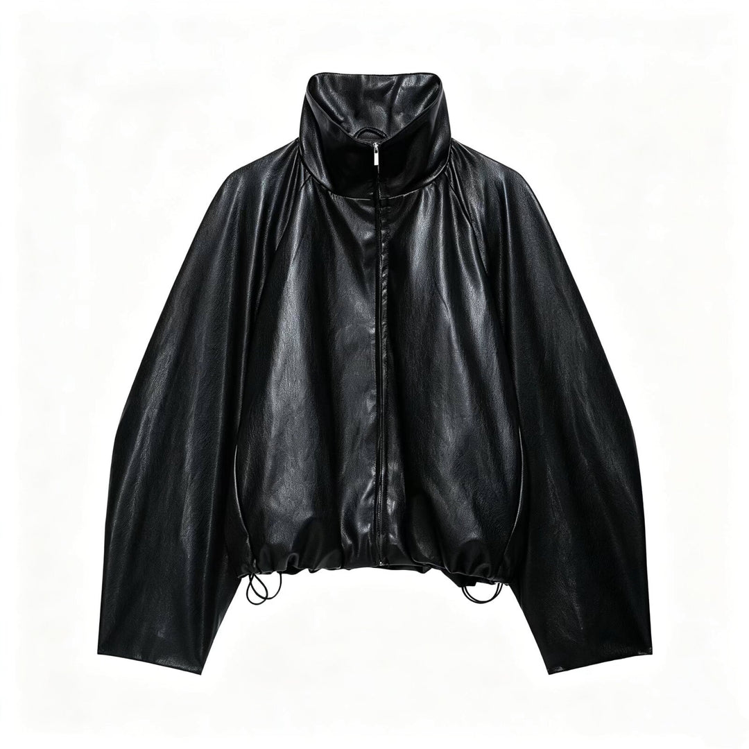 Damen Oversize Jacke im Lederlook mit hohem Funnelkragen, Raglanärmeln und Tunnelzugsaum Echoarchiv