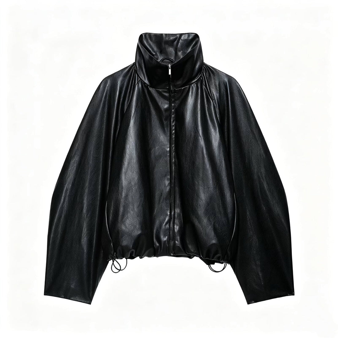 Damen Oversize Jacke im Lederlook mit hohem Funnelkragen, Raglanärmeln und Tunnelzugsaum Echoarchiv