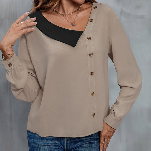 Damen Asymmetrische Hemdbluse mit kontrastiertem Kragen und dekorativer Knopfleiste Echoarchiv