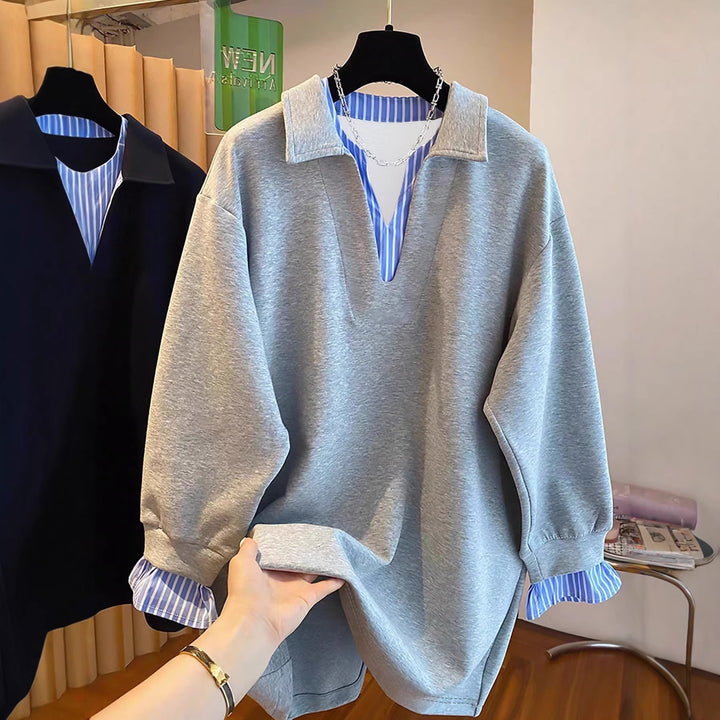 Damen Oversized Sweatshirt mit Hemdkragen-Optik und gestreiften Manschetten – Avérine