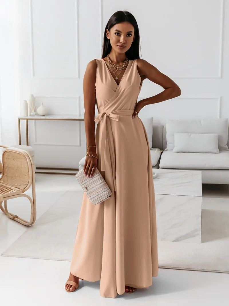 Damen einfarbig V-Ausschnitt Langes Kleid – Valéora