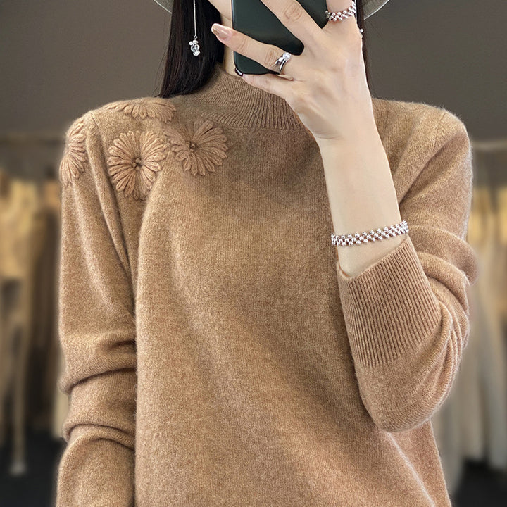 Damen Weicher Feinstrickpullover mit kurzem Stehkragen, 3D‑Blütenapplikation und gerippten Bündchen Echoarchiv